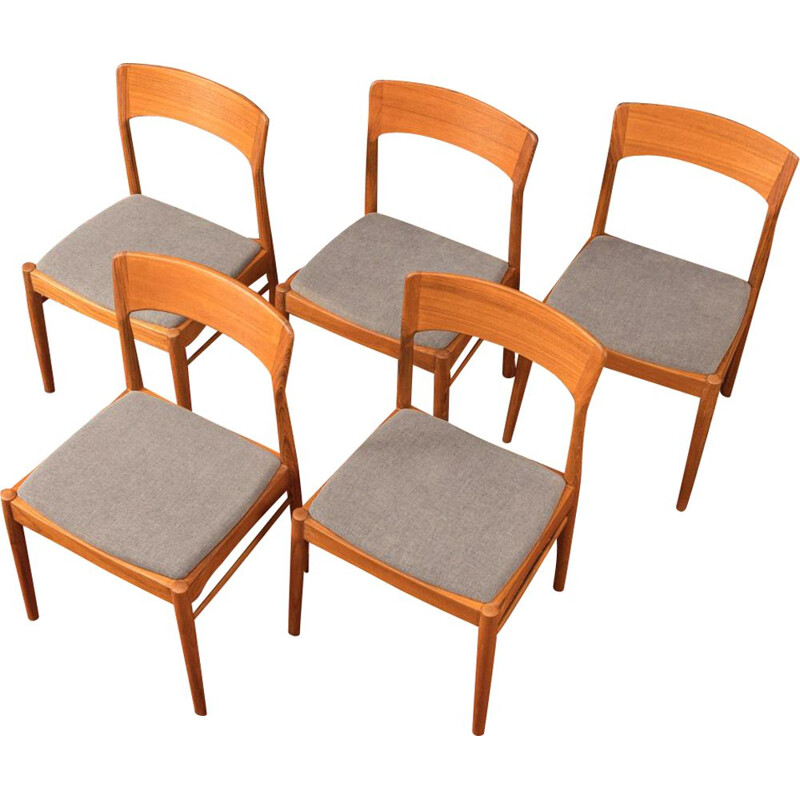 Set of 5 Vintage Chairs Solid teak fabric grey Denmark 1960