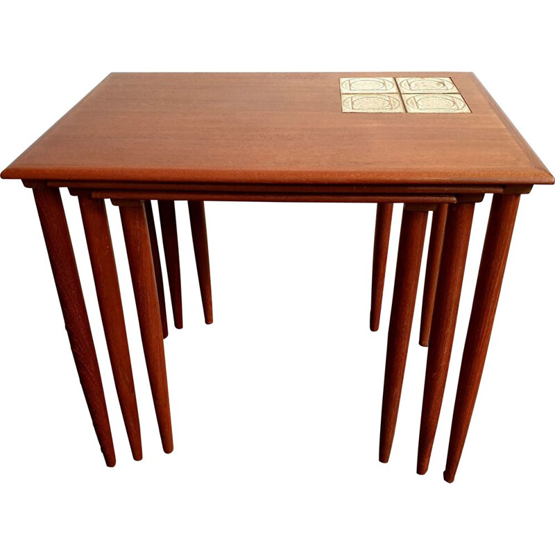 Vintage Teak Nesting Tables with Tiles Danish