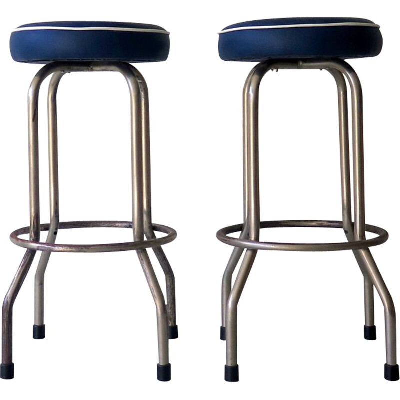 Vintage stools in metal and blue leatherette, 1950s