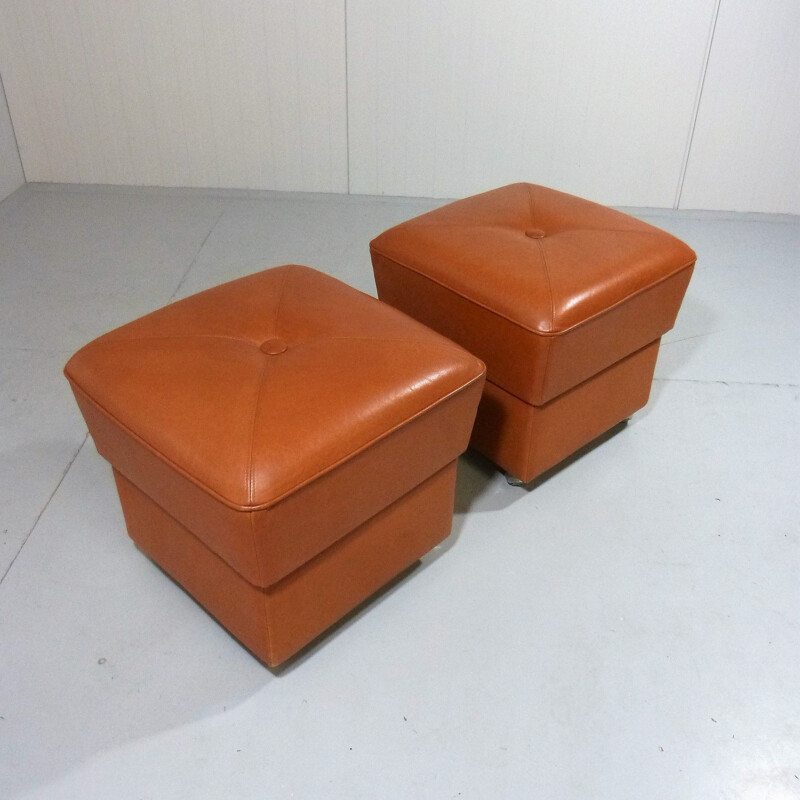 Pair of  leather poufs vintage on wheels 1960s