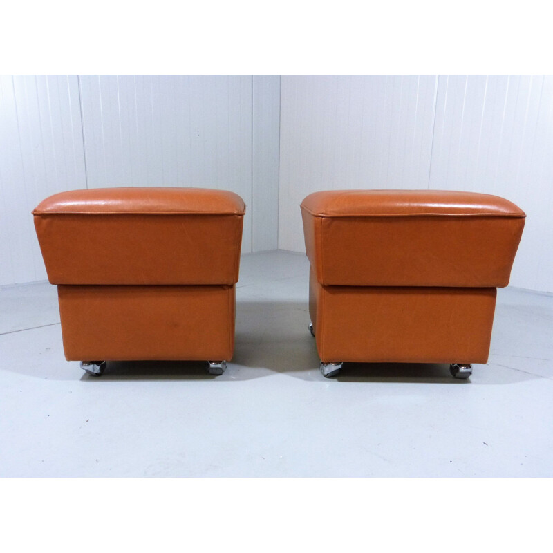 Pair of  leather poufs vintage on wheels 1960s