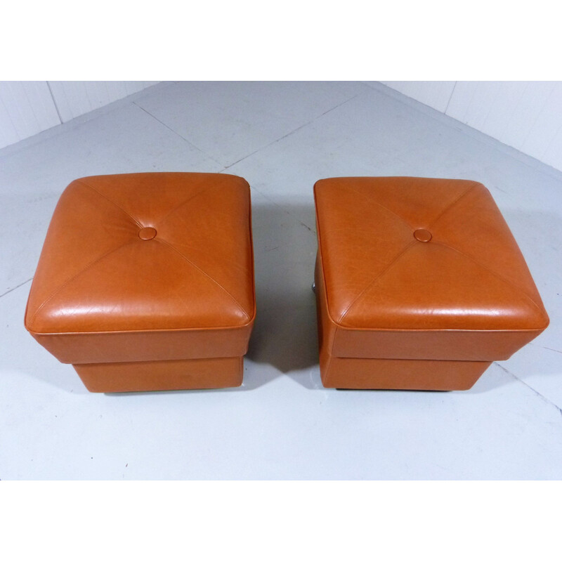 Pair of  leather poufs vintage on wheels 1960s