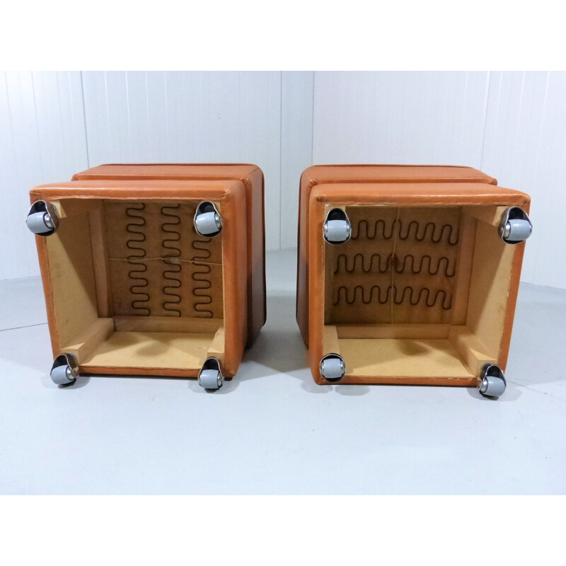 Pair of  leather poufs vintage on wheels 1960s