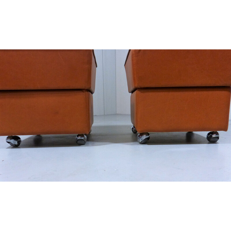 Pair of  leather poufs vintage on wheels 1960s