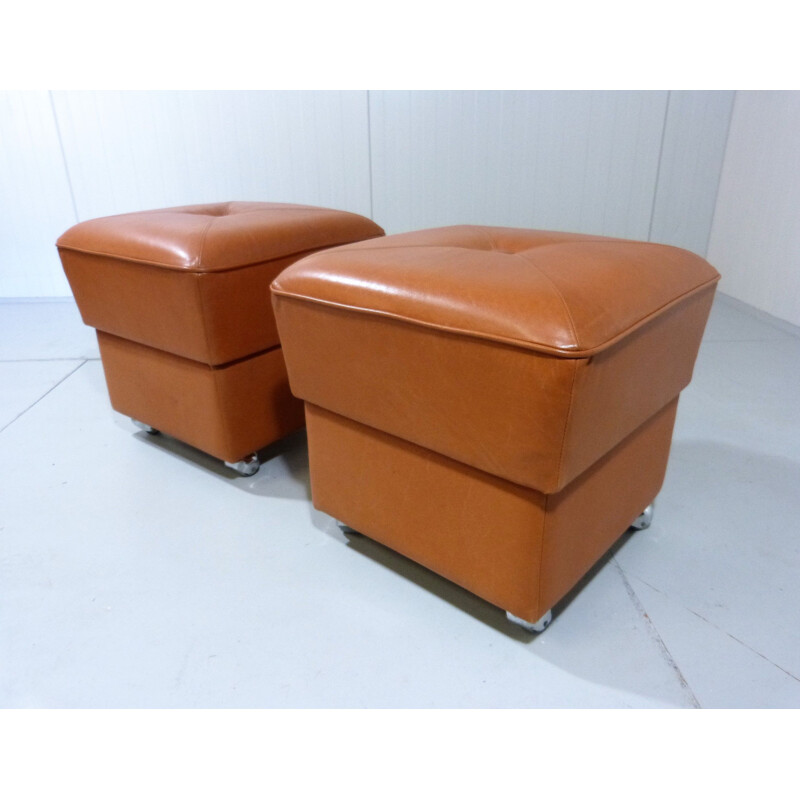 Pair of  leather poufs vintage on wheels 1960s