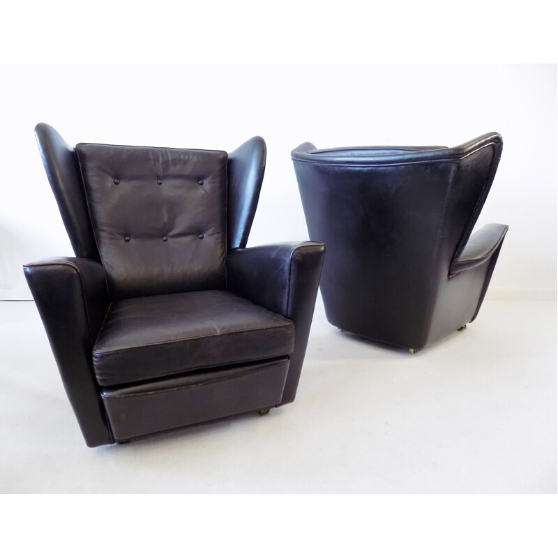 Pair  of vintage black leather wingback chairs Howard Keith for HK furniture