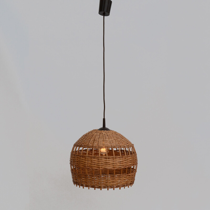 Vintage Ceiling lamp with wicker lampshade, Poland 1960s