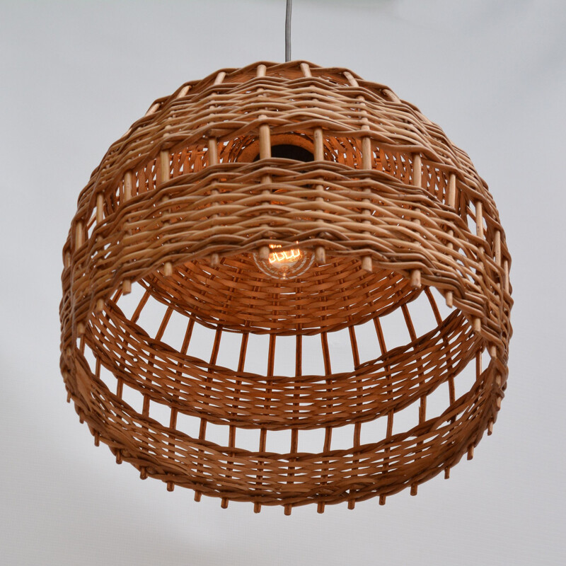 Vintage Ceiling lamp with wicker lampshade, Poland 1960s