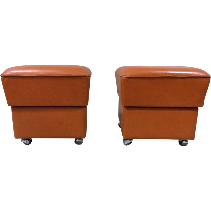 Pair of  leather poufs vintage on wheels 1960s