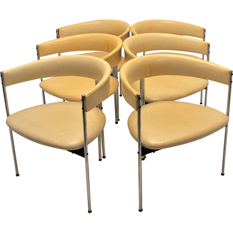 Set of 6 Dieter Waeckerlin vintage design three-legged chair for Idealheim 1960s