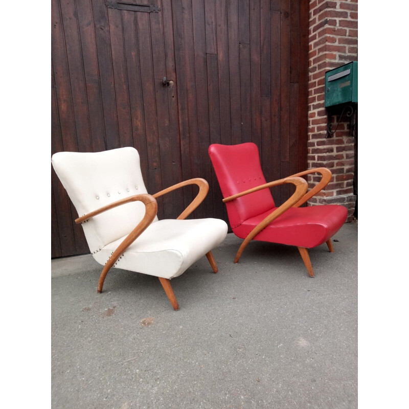 Pair of vintage Italian wood and imitation leather lounge armchairs