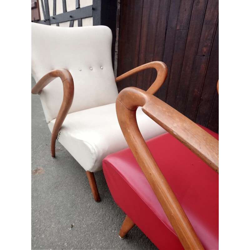 Pair of vintage Italian wood and imitation leather lounge armchairs