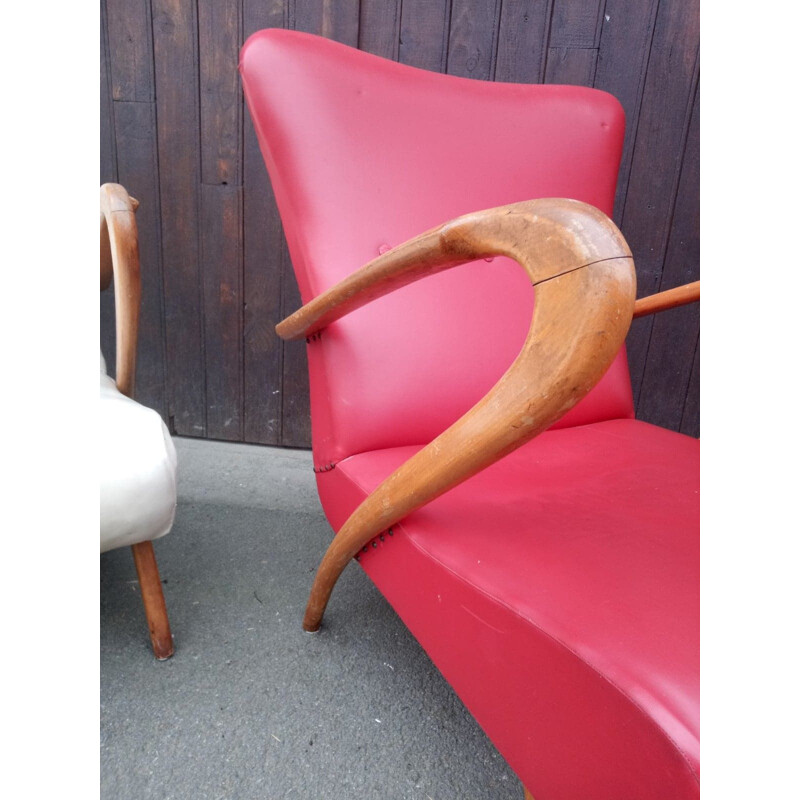 Pair of vintage Italian wood and imitation leather lounge armchairs