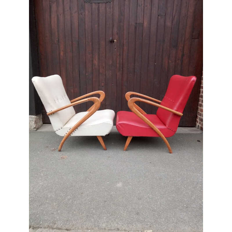 Pair of vintage Italian wood and imitation leather lounge armchairs