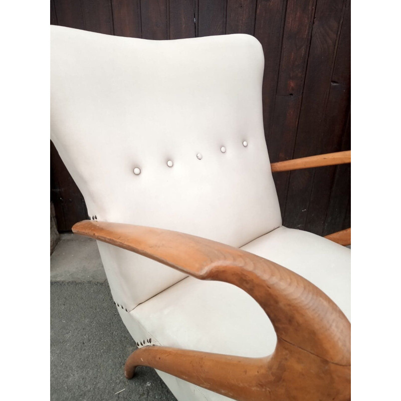 Pair of vintage Italian wood and imitation leather lounge armchairs