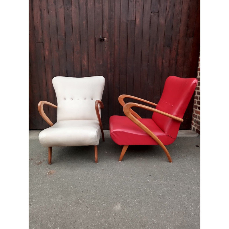 Pair of vintage Italian wood and imitation leather lounge armchairs