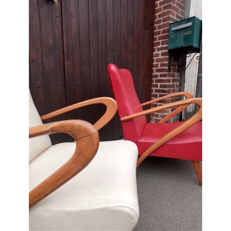 Pair of vintage Italian wood and imitation leather lounge armchairs