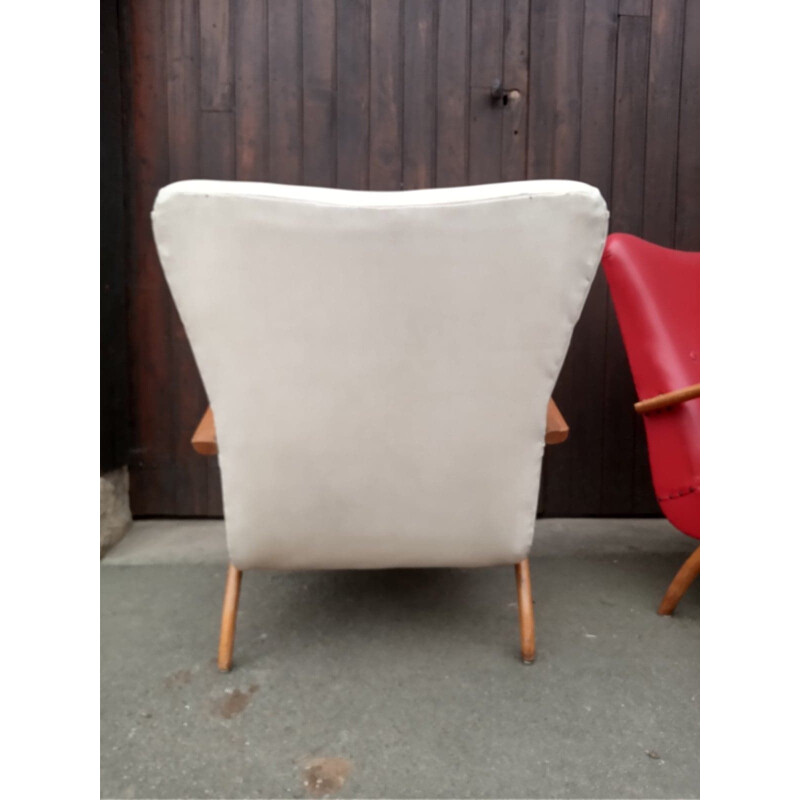 Pair of vintage Italian wood and imitation leather lounge armchairs