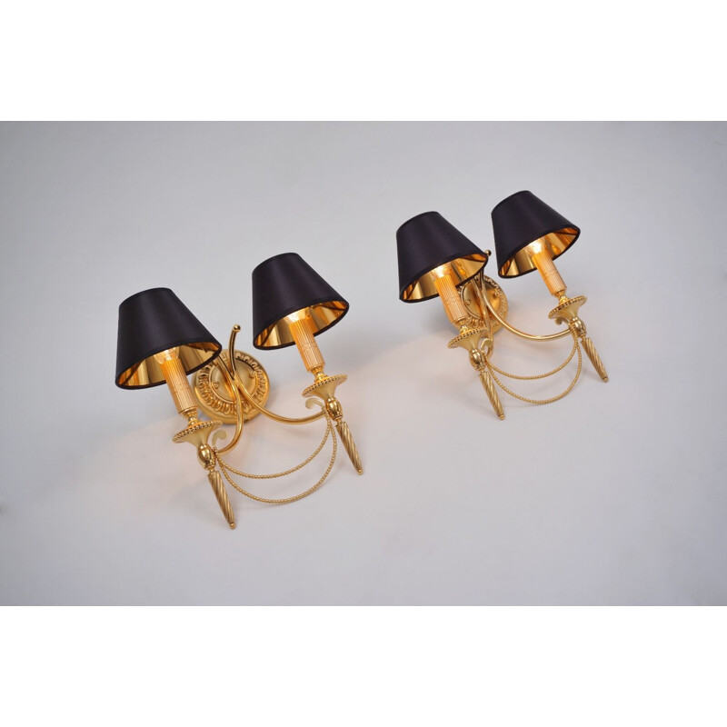 Pair of vintage Sciolari wall lights gilt brass Neoclassical, Italian 1960