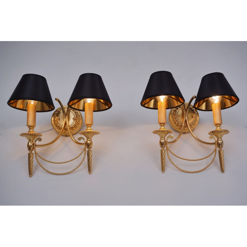 Pair of vintage Sciolari wall lights gilt brass Neoclassical, Italian 1960
