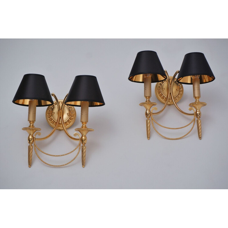 Pair of vintage Sciolari wall lights gilt brass Neoclassical, Italian 1960