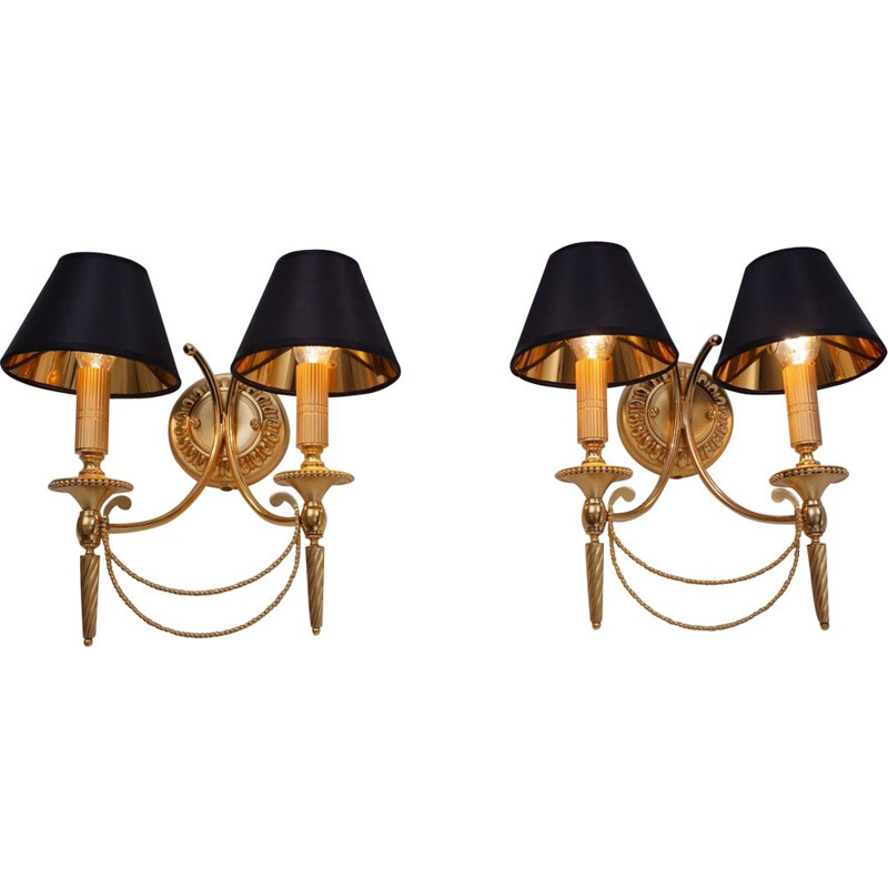 Pair of vintage Sciolari wall lights gilt brass Neoclassical, Italian 1960