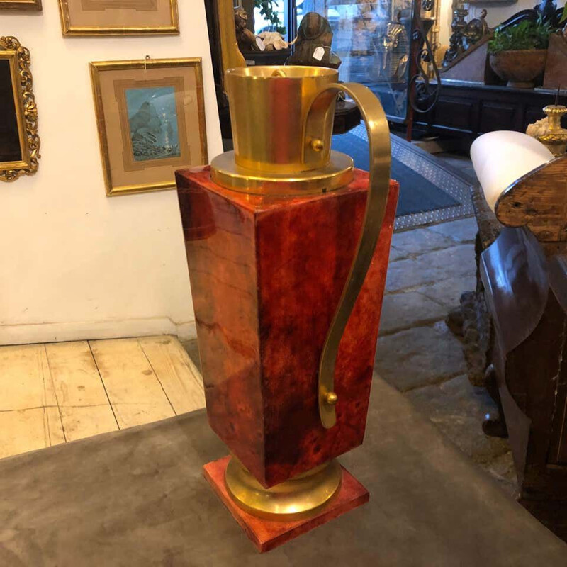 Mid-Century Red Goatskin and Brass Thermos Carafe 1960