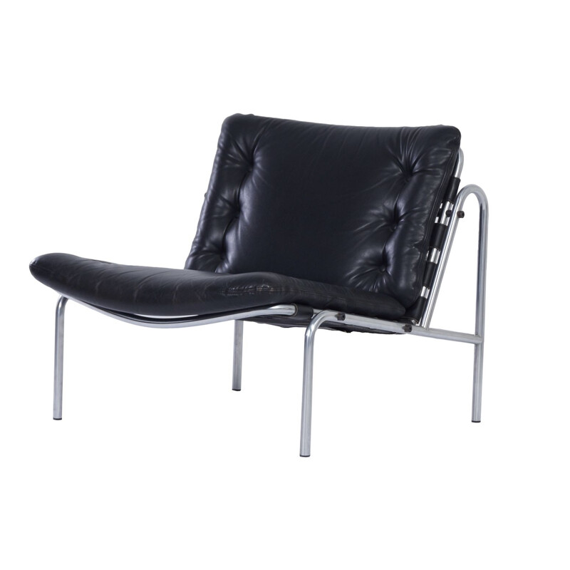 Vintage Easy Chair Black Leather by Martin Visser for 't Spectrum, Osaka 1960s