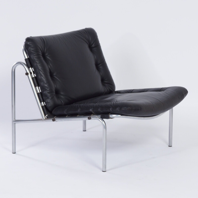 Vintage Easy Chair Black Leather by Martin Visser for 't Spectrum, Osaka 1960s