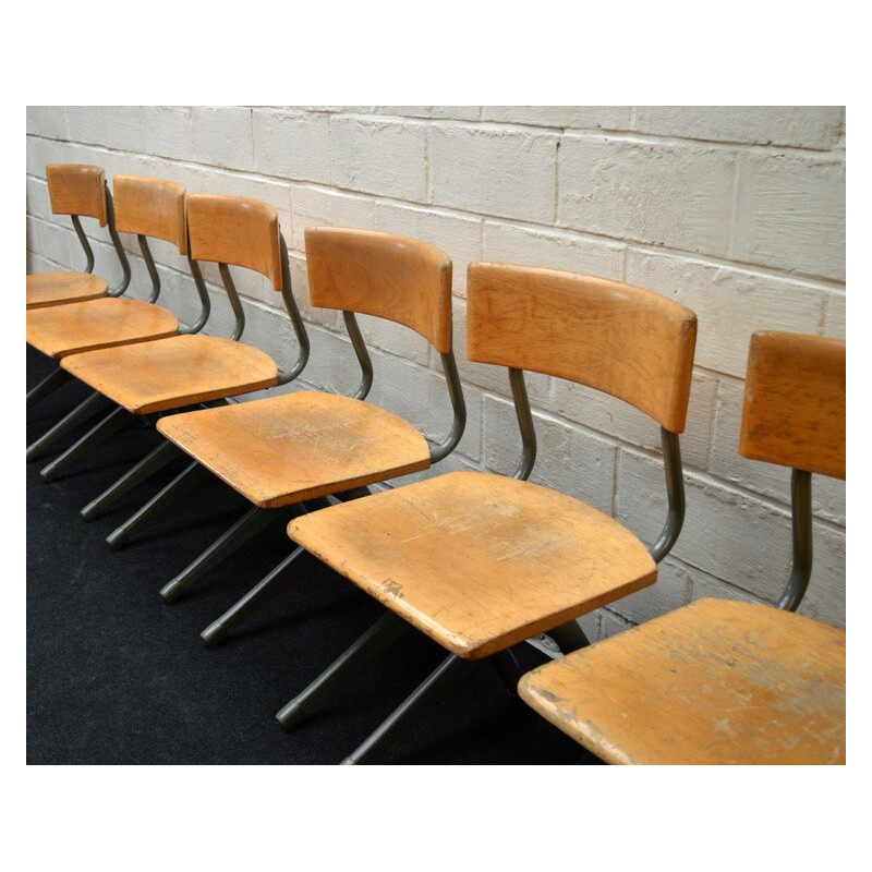 Set of 6 industrial chairs in wood and steel - 1950s