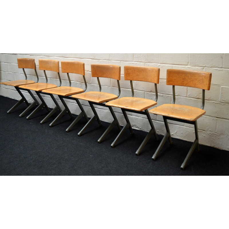 Set of 6 industrial chairs in wood and steel - 1950s