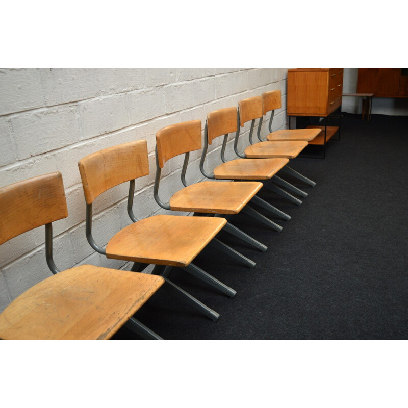 Set of 6 industrial chairs in wood and steel - 1950s