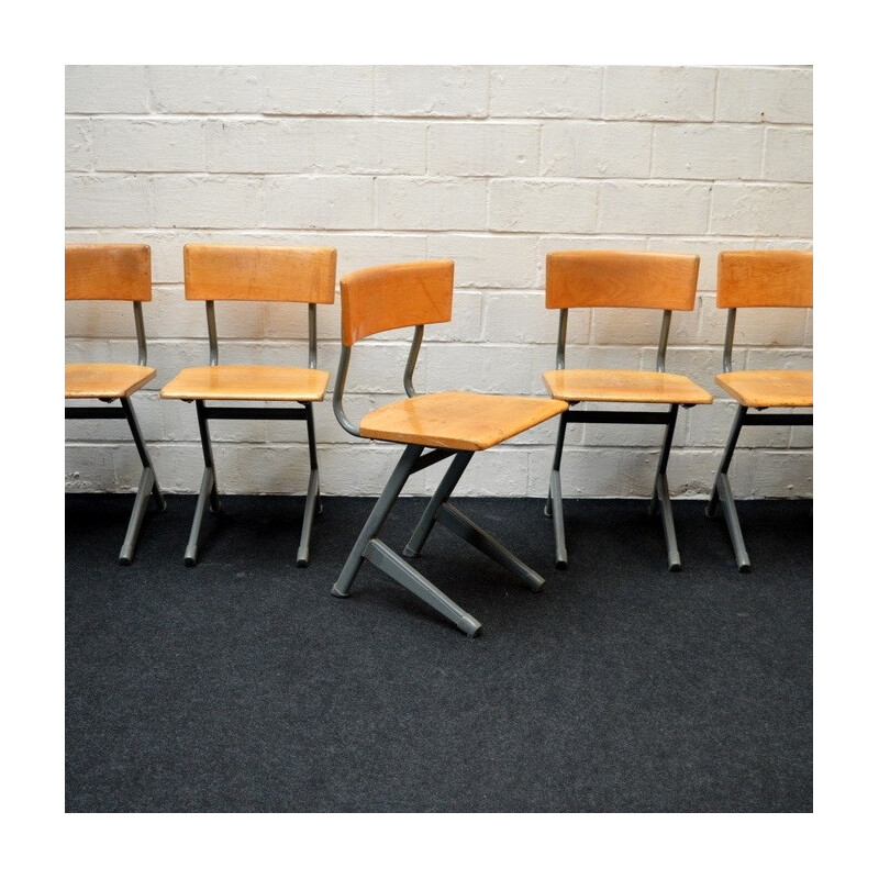 Set of 6 industrial chairs in wood and steel - 1950s