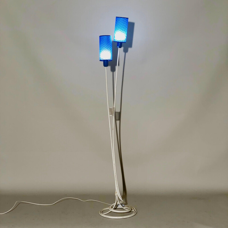 Vintage witte vloerlamp met blauwe kap, 1960