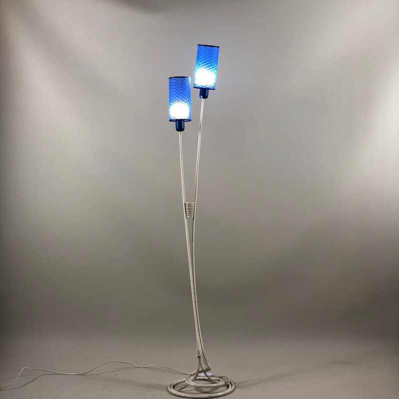 Vintage witte vloerlamp met blauwe kap, 1960