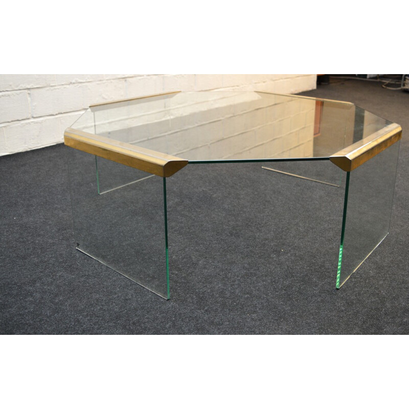 Table basse octogonale Gallotti & Radice en verre et laiton, Pierangelo GALLOTTI - 1970