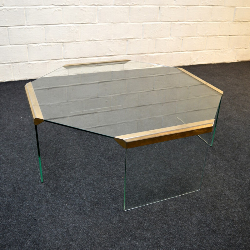 Octagonal glass and brass Gallotti & Radice coffee table, Pierangelo GALLOTTI - 1970s