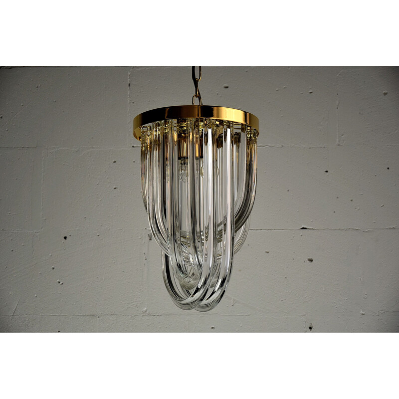Vintage Venini Pendant Chandelier, Curved Crystal Glass and Gold Plated Brass, Italy