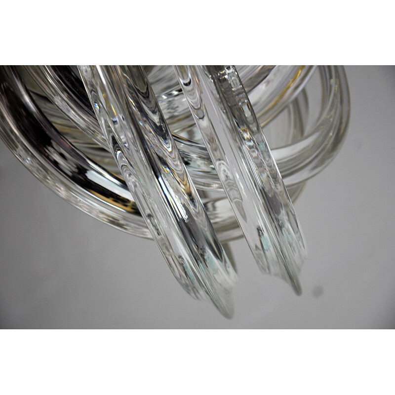 Vintage Venini Pendant Chandelier, Curved Crystal Glass and Gold Plated Brass, Italy