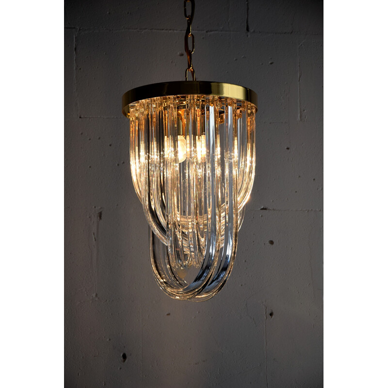 Vintage Venini Pendant Chandelier, Curved Crystal Glass and Gold Plated Brass, Italy