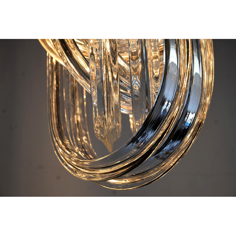 Vintage Venini Pendant Chandelier, Curved Crystal Glass and Gold Plated Brass, Italy