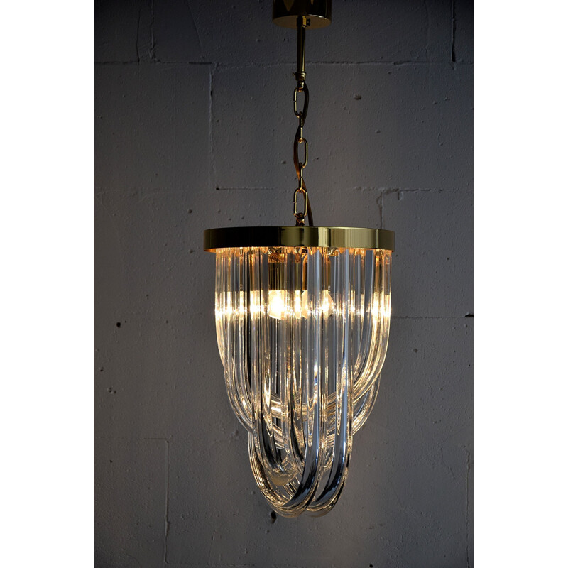 Vintage Venini Pendant Chandelier, Curved Crystal Glass and Gold Plated Brass, Italy