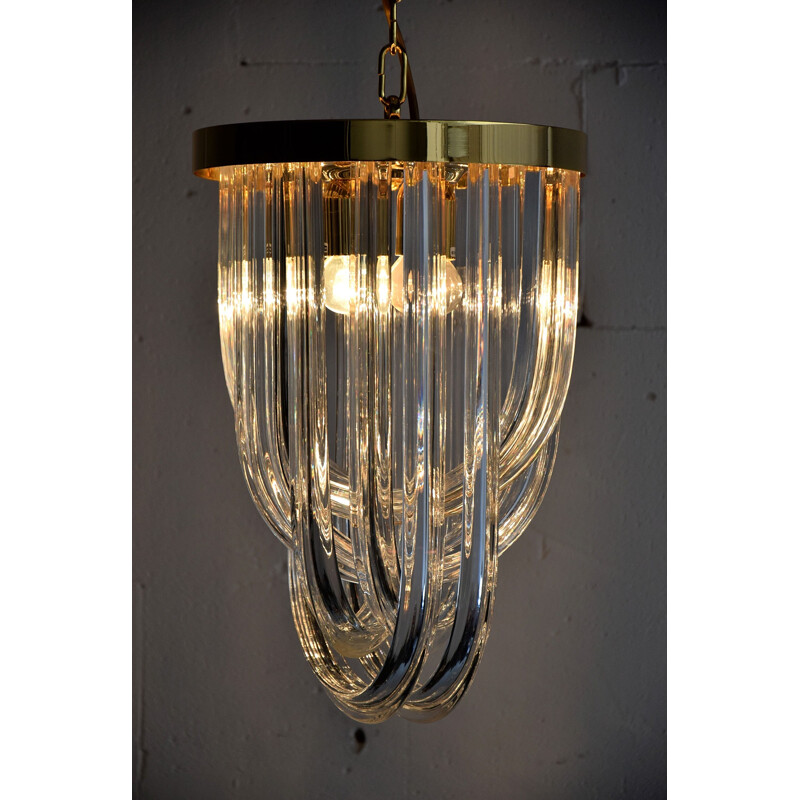 Vintage Venini Pendant Chandelier, Curved Crystal Glass and Gold Plated Brass, Italy