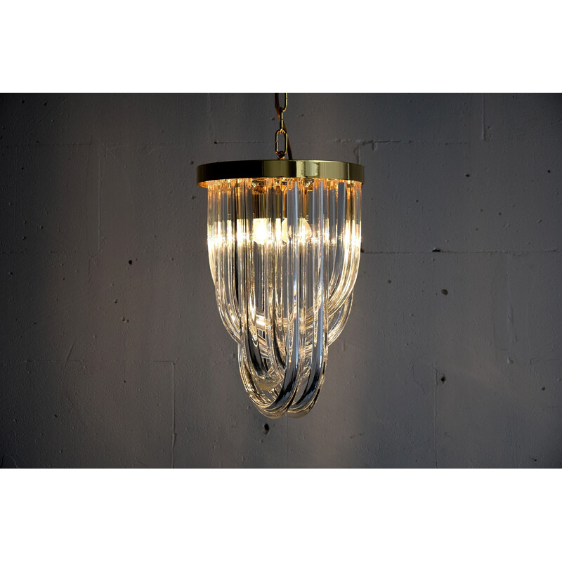 Vintage Venini Pendant Chandelier, Curved Crystal Glass and Gold Plated Brass, Italy