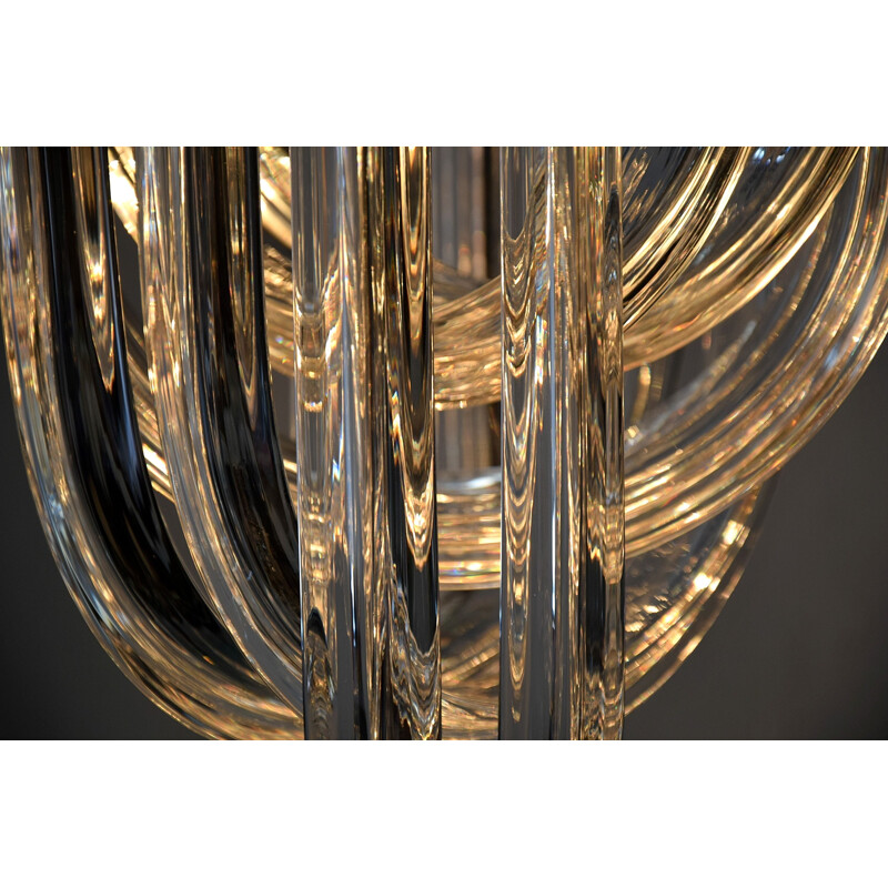 Vintage Venini Pendant Chandelier, Curved Crystal Glass and Gold Plated Brass, Italy
