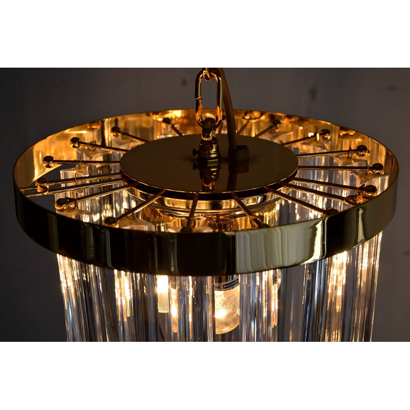 Vintage Venini Pendant Chandelier, Curved Crystal Glass and Gold Plated Brass, Italy