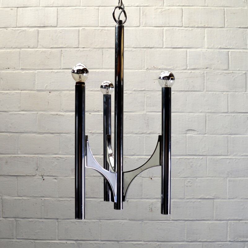 3-arms chandelier in chromed metal, Gaetano SCIOLARI - 1970s