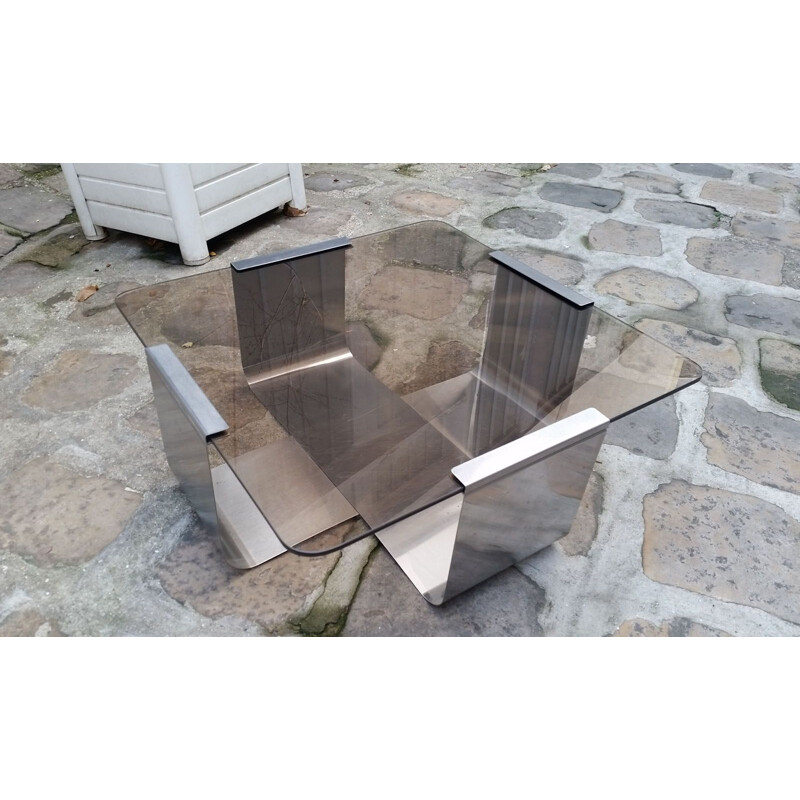 Vintage stainless steel and glass coffee table, 1975