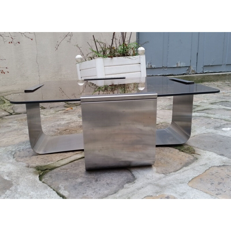 Vintage stainless steel and glass coffee table, 1975