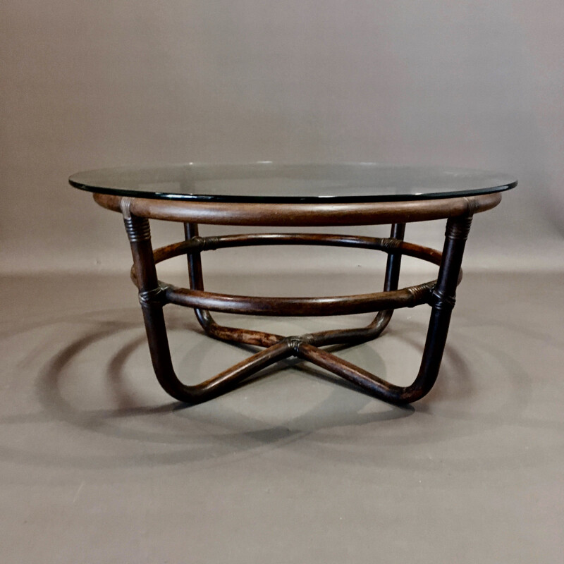 Vintage round coffee table rattan 1950